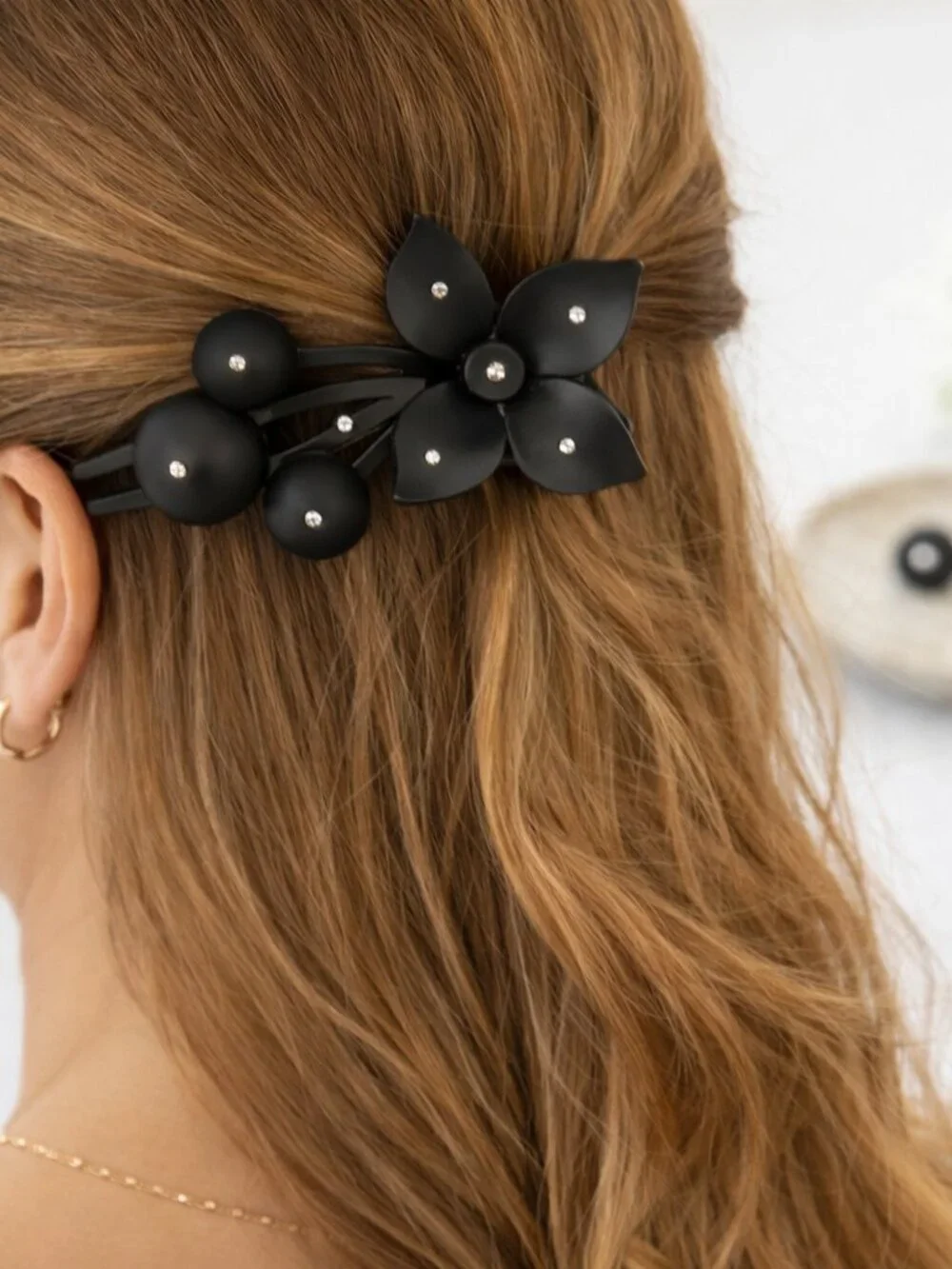 Black Floral Hair Clip Rhinestone Accent Matte Finish Statement Barrette